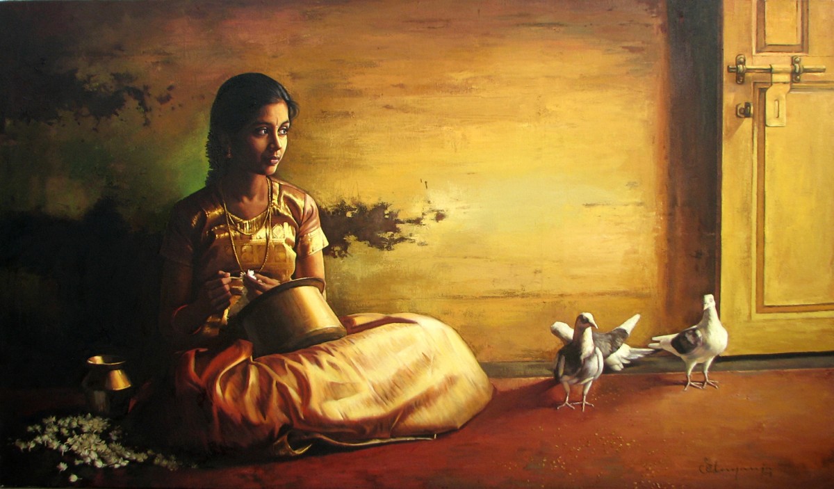 Girl With Pigeon II Oil Figurative Painting by S Elayaraja