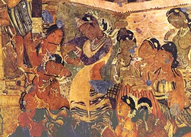 Painted in the 4th–5th century CE, this Ajanta mural illustrates a scene from the Mahajanaka Jataka, with a dancer and musicians entertaining a seated royal couple in a palace court.